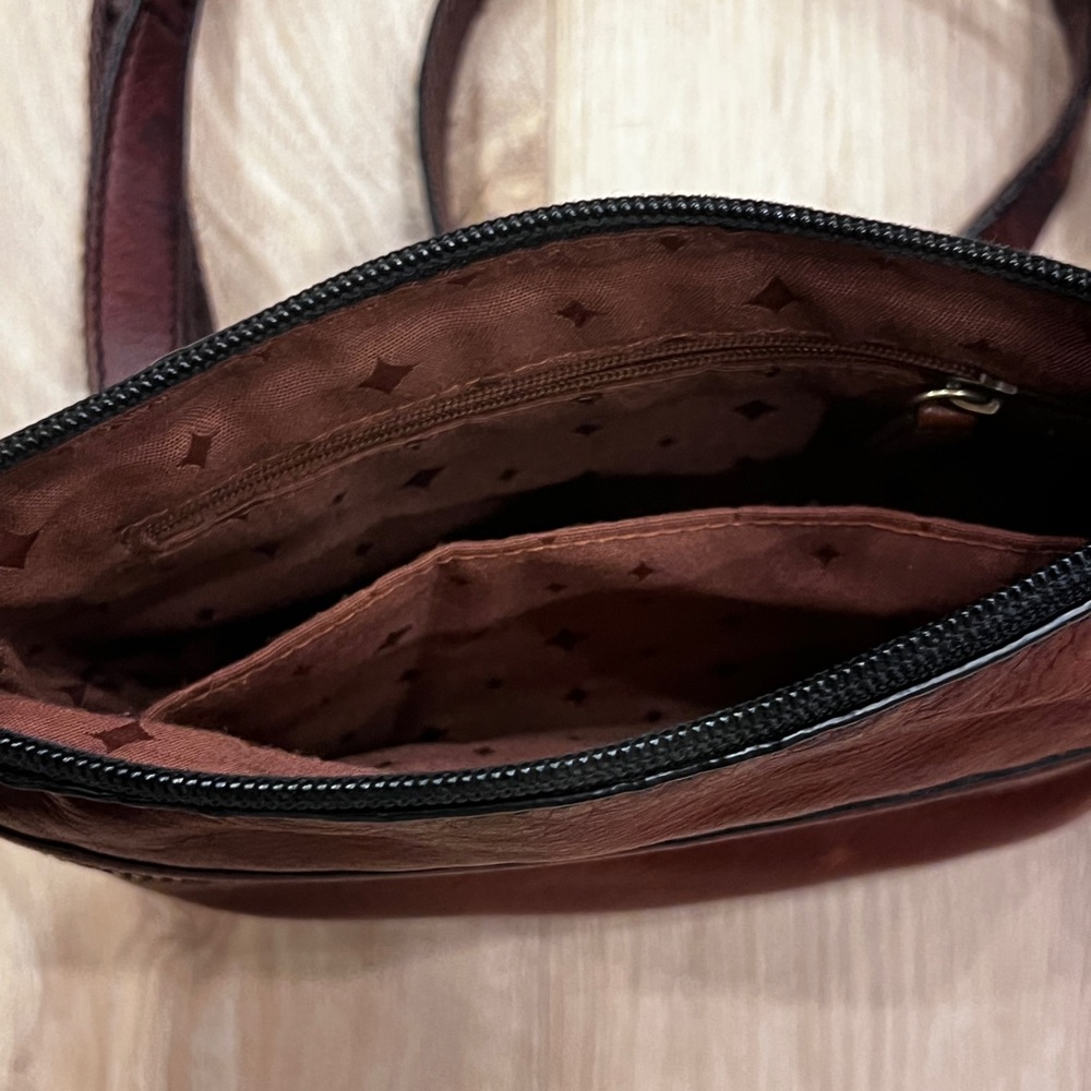 Fossil Authentic Dark Brown Leather Mini Crossbody Double Zip w/ Brass Hardware - Picture 5 of 7